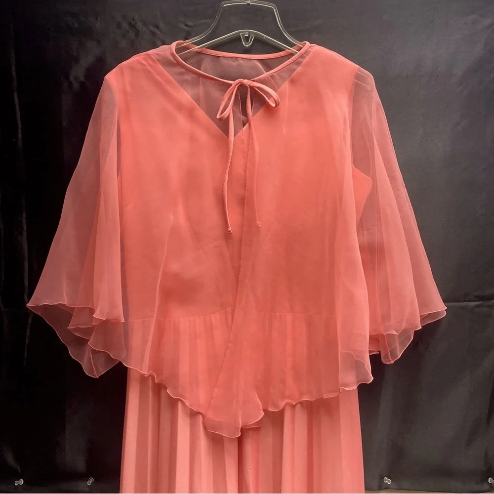 Vintage 1960s Orange V-Neck Sleeveless Pleated Dress With Sheer Tie Cape Sz M - Picture 7 of 8